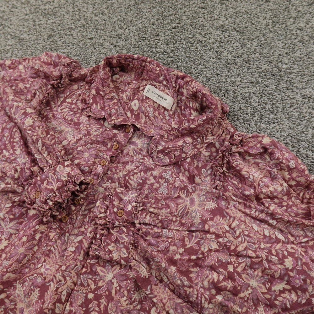 Lucky Brand Shirt Womens S Pink Floral Ruffle Button Front Long‎ Sleeve Boho Top